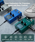 Close-up of blue and green 40 Slot Looper Guitar Pedal With 160 Minutes Loop Time Dual Footswitch Screen Stereo Output on floor