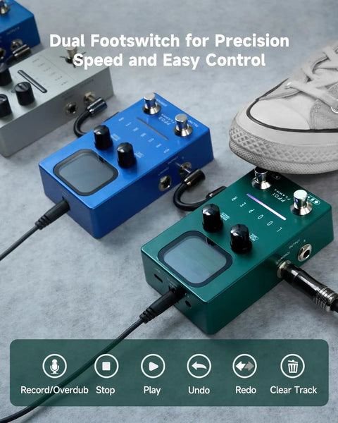 Close-up of blue and green 40 Slot Looper Guitar Pedal With 160 Minutes Loop Time Dual Footswitch Screen Stereo Output on floor