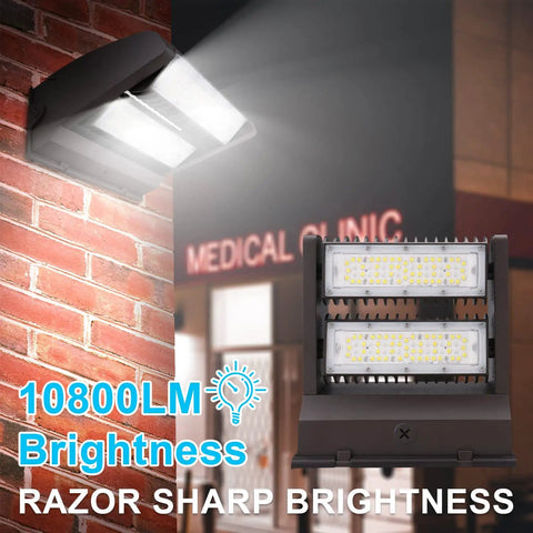 80W Rotatable Outdoor Wall Pack Light With 11000 Lumens At 5000K Daylight mounted on brick wall, illuminating building exterior.