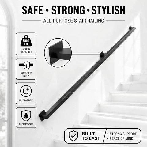 Eight Foot Wall Mount Stair Handrail Heavy Duty Steel Safety Grab Bar 500 Pound Capacity Indoor Outdoor with non-slip grip.