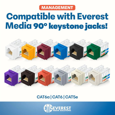 90 Degree Angled Cat6 Keystone Punchdown Tool Set With 20 Pack RJ45 Slim Profile Keystone Jacks Blue And White One Hand Quick Termination Time Saver For Fast, Reliable Network Installations compatible with Everest Media 90° keystone jacks in various colors displayed in a row.