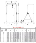 Pro Grade Lightweight Aluminum Gantry Crane, 2 Ton 4400 Lbs Capacity dimensions and parameter table illustration.