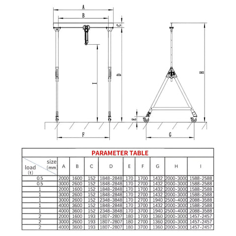 Pro Grade Lightweight Aluminum Gantry Crane, 2 Ton 4400 Lbs Capacity dimensions and parameter table illustration.