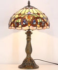 Tiffany Style Stained Glass Table Lamp With Vintage Victorian Vibe, 12 Inch Shade, 18 Inch Tall, Antique Green Bronze Base