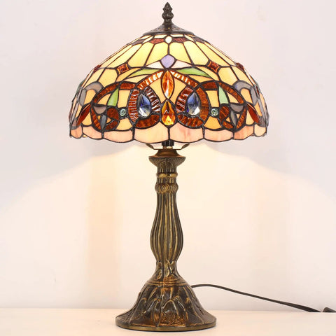 Tiffany Style Stained Glass Table Lamp With Vintage Victorian Vibe, 12 Inch Shade, 18 Inch Tall, Antique Green Bronze Base