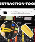 Close-up of a yellow fuse puller extracting fuses from 120 Piece Car Fuse Kit With Puller Tool Color Coded Fuses 35A Through 2A