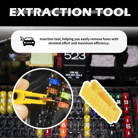 Close-up of a yellow fuse puller extracting fuses from 120 Piece Car Fuse Kit With Puller Tool Color Coded Fuses 35A Through 2A