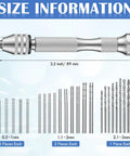 Size information for 59 Piece Hand Drill Bits Set With Pin Vise And Micro Twist Bits Including 10 Tungsten Carbide Bits.