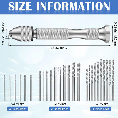 Size information for 59 Piece Hand Drill Bits Set With Pin Vise And Micro Twist Bits Including 10 Tungsten Carbide Bits.