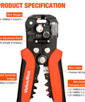 Close-up of All In One Wire Stripper Tool Kit With 266 Pieces Self Adjusting 8 Inch Automatic Wire Stripping Tool with labeled features