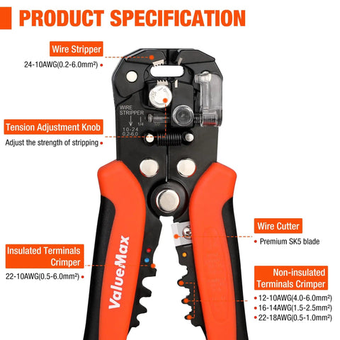 Close-up of All In One Wire Stripper Tool Kit With 266 Pieces Self Adjusting 8 Inch Automatic Wire Stripping Tool with labeled features