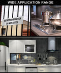 Front view collage: two-pack 304 stainless steel strips, 12in x 1in x 0.022in, for DIY crafts in kitchen setting