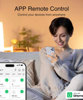 Woman using smartphone to control Smart Plug 2.4GHz WiFi Only Works With Alexa And Google Home, remote app control screen visible.