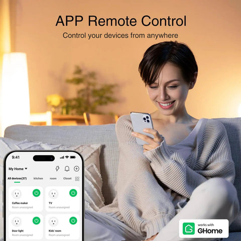 Woman using smartphone to control Smart Plug 2.4GHz WiFi Only Works With Alexa And Google Home, remote app control screen visible.