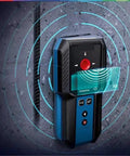 Pro Grade Auto Calibrating Stud Finder Wall Scanner detecting live wires on a concrete wall with a sleek blue design.