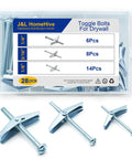 Heavy Duty Drywall Toggle Bolt Set Kit With 28 Pieces In Three Sizes on display with visible packaging and toggle bolts