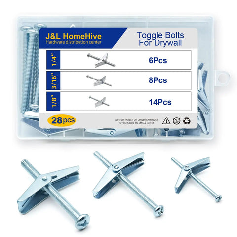 Heavy Duty Drywall Toggle Bolt Set Kit With 28 Pieces In Three Sizes on display with visible packaging and toggle bolts