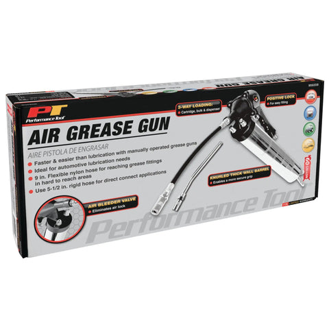 Air Grease Gun For Automotive, Workshop, And Marine Use With 4500 To 6000 PSI At The Tip, Nine Inch Flex or Five Point Five Inch Ridged Tube