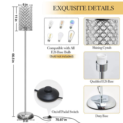 Crystal Floor Lamp With K9 Crystals Tall Silver Modern Standing Light Luxe Accent Lamp with detailed specifications chart