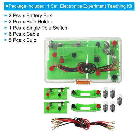 Electricity Lab Kit For Physics Experiments Hands On Circuits Set with battery boxes, bulb holders, switch, cables on display