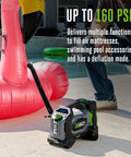 160 PSI Compact Tire Inflator with high pressure and high volume modes inflating a pink pool float, battery and charger not included