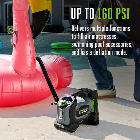 160 PSI Compact Tire Inflator with high pressure and high volume modes inflating a pink pool float, battery and charger not included