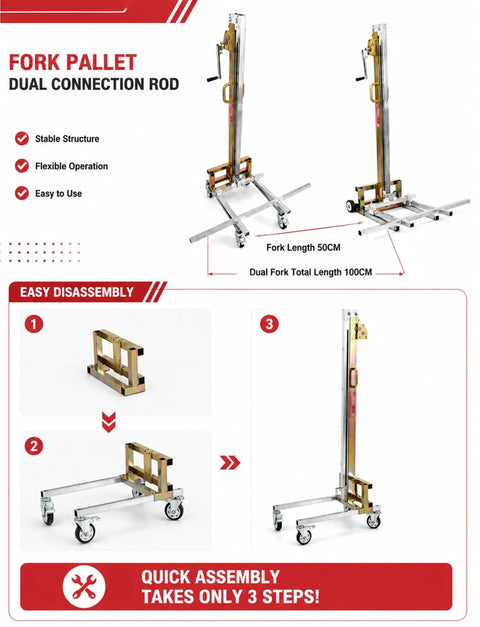 Top Rated Portable Material Lift With Manual Winch Stacker And Forks showing easy disassembly steps for quick setup.