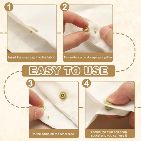 Steps to use 100 Sets No Sew Resin Snap Buttons Kit In Dark Blue For Fabric, showing installation of T5 plastic snap fasteners