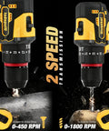 Beast Brushless Cordless Drill Driver Kit with 575 In Lbs Torque shown drilling into wood and metal, 2-speed settings visible