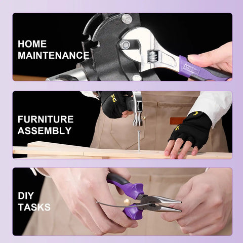 Image showing different tools from the 139 Piece Cordless Drill Set With Li Ion Battery 8V Power Drill Type C Charging Portable Basic Home Tool Kit For DIY Projects Perfect For Beginners And DIYers used in various tasks like home maintenance, furniture assembly, and DIY projects.