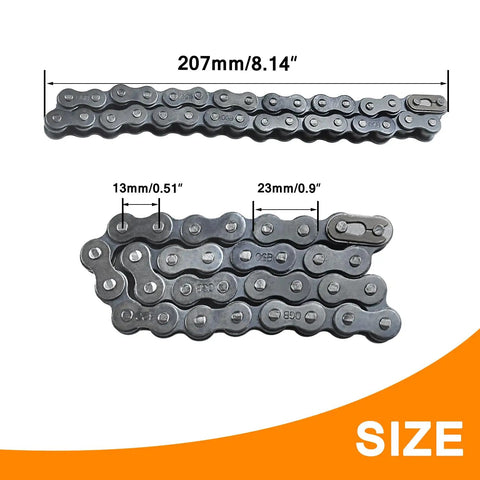 420 Drive Chain 32 Link With Master Link for Coleman Powersports go kart, detailed view showing measurements and chain segments.