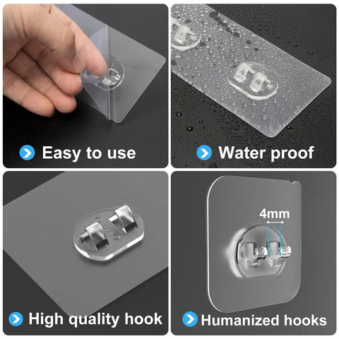 14 Pack Clear Shower Caddy Adhesive Hooks Kit With Waterproof Strips No Drill Installation shown in various features and uses