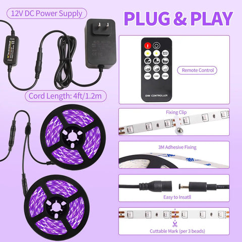 33 Foot Black Light LED Strip With Remote For Lit Glow Party Vibes And Bedroom Decor 600 LEDs Dimmable 12V Flexible Blacklights