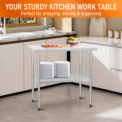 Stainless Steel Work Table For Food Prep And Heavy Duty Kitchen Station 24 By 36 Inches With Adjustable Undershelf in kitchen setting.