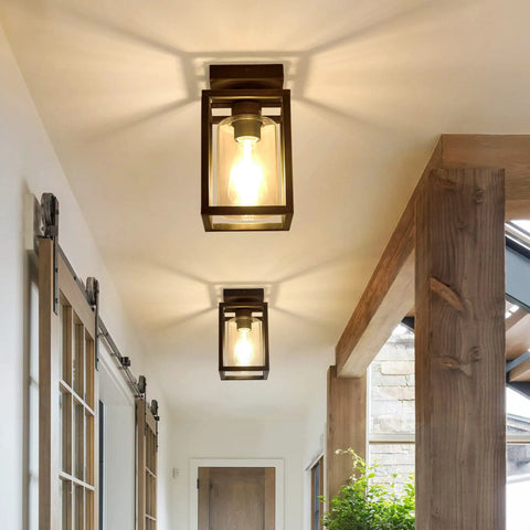 Semi Flush Mount Ceiling Light With Bronze Metal Frame And Clear Glass Shade, Farmhouse Style Fixture in hallway