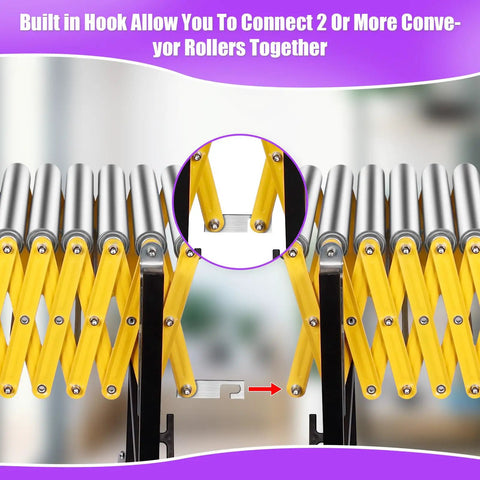 Built-in hook connects conveyor rollers on the 23 Inch Ultra Wide Adjustable Retractable Conveyor Belt 760 Lb Rock Solid Load Capacity.