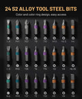 Image of 24 CNC-machined S2 steel bits from the Ultimate 24-In-1 Magnetic Ratchet Screwdriver Set With Reversible T-Handle And Mini Bit Driver Kit, 40-Tooth Magnetic Bits For Tight Spots, Furniture Assembly, Bike Repair, And EDC, Case Included.