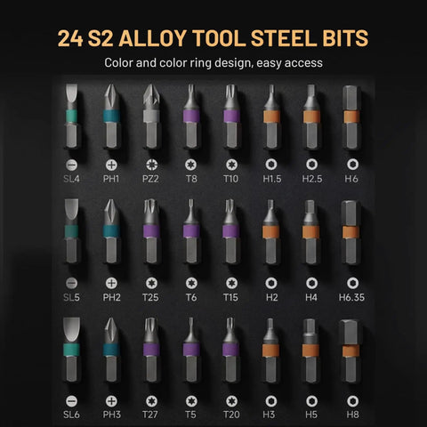 Image of 24 CNC-machined S2 steel bits from the Ultimate 24-In-1 Magnetic Ratchet Screwdriver Set With Reversible T-Handle And Mini Bit Driver Kit, 40-Tooth Magnetic Bits For Tight Spots, Furniture Assembly, Bike Repair, And EDC, Case Included.