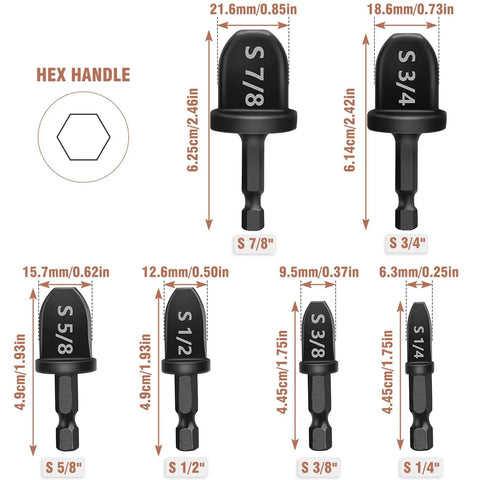 Pro Grade Copper Pipe Cutter And Expander Drill Bit Tools Set showing various hex handle sizes