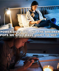 Woman reading by A19 rechargeable LED light bulbs with built-in battery backup for power outages; emergency lighting at home.