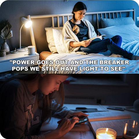 Woman reading by A19 rechargeable LED light bulbs with built-in battery backup for power outages; emergency lighting at home.