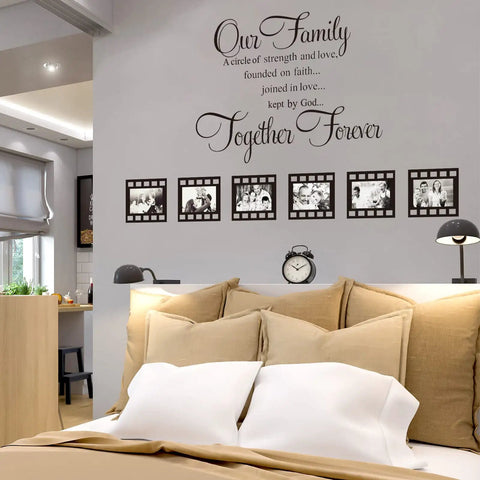 Circle Family Wall Decals 12 Piece Photo Frame Set Cozy Living Room Vibe Our Family Is A Circle And Every Family Has A Story Black Wall Art Easy Peel And Stick Family Portrait Decor on gray wall above bed