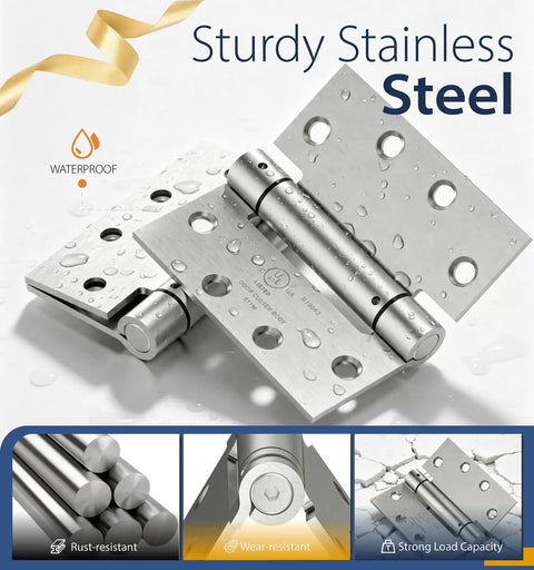 Self Closing Door Hinges 4.5 Inch Spring Hinges with Adjustable Tension 3 Pack, stainless steel with water droplets.