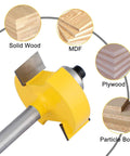 Solid Workhorse 1/4 Inch Shank Rabbet Router Bit Kit With Six Swappable Bearings And Razor Sharp Carbide Edge close-up of router bit with blade for wood types.