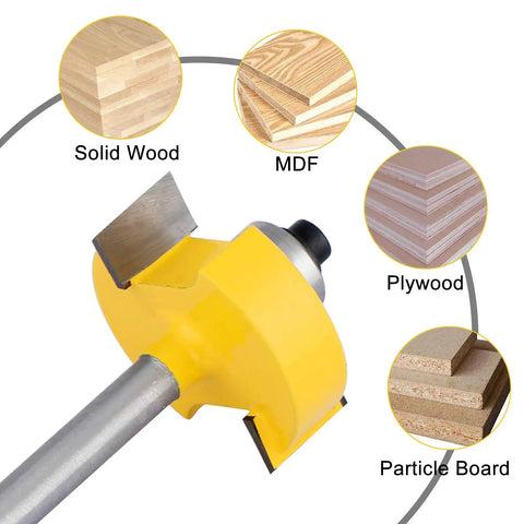 Solid Workhorse 1/4 Inch Shank Rabbet Router Bit Kit With Six Swappable Bearings And Razor Sharp Carbide Edge close-up of router bit with blade for wood types.