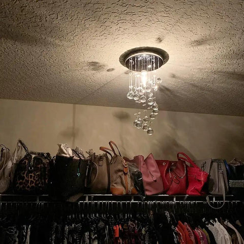 Spiral Crystal Chandelier Flush Mount With Raindrop Crystal Orbs Bangin Mini Ceiling Light Fixture above closet area