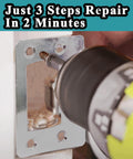 Man using a drill to install Reliable Universal Door Latch Restorer Strike Plate Pair In Warm Satin Nickel for quick repairs.