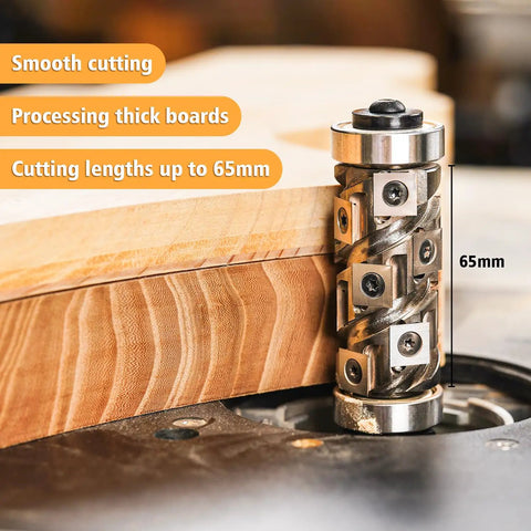 Built Tough Flush Trim Router Bit With Half Inch Shank Packing 14 Swap Out Carbide Cutters For Zero Drama Template Tracking And Dead Smooth Woodworking Trim Jobs On Any Lumber in action cutting wood.