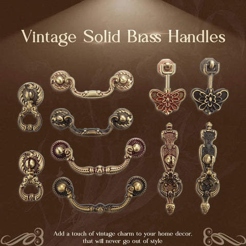 Top Notch Vintage Brass Drop Ring Pulls Slick Antique Finish Hand Painted Red For Kitchen Cabinet Drawer Furniture Hardware collection of solid brass handles in various designs.