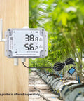 GS1 AETH1RS Ethernet and WiFi sensor with external probe for air and soil shown installed in a greenhouse measuring temperature and humidity.